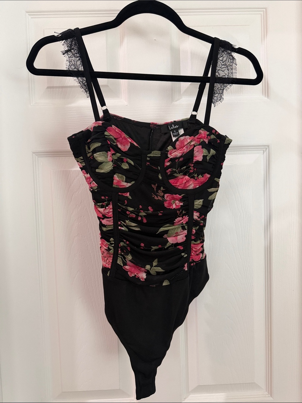 Lulu's Black One-Piece Bodysuit with Pink Floral Print